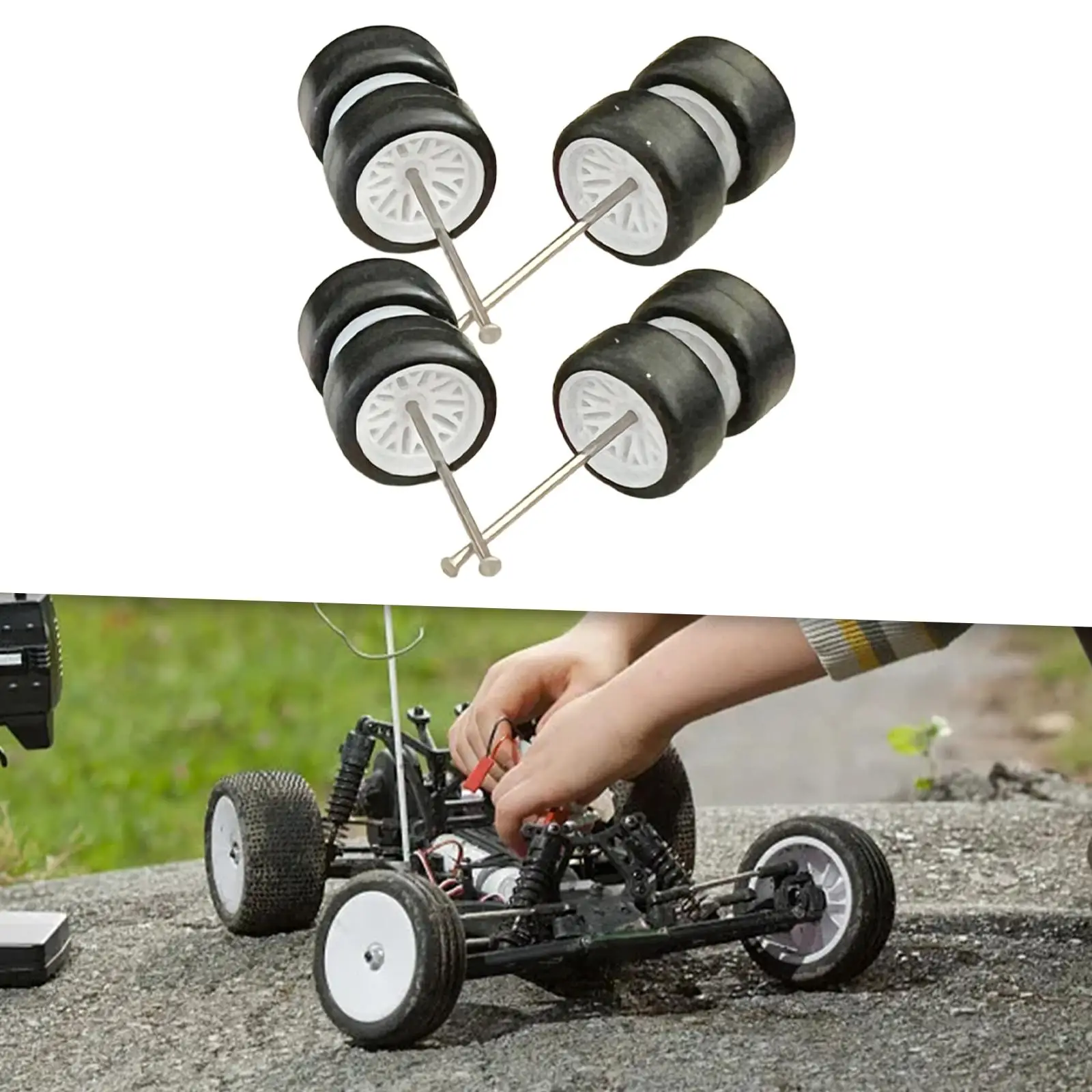 8x 1/64 Scale Wheels with Round Rod Axles, Simulation Model Car Wheels Tires for Collectors