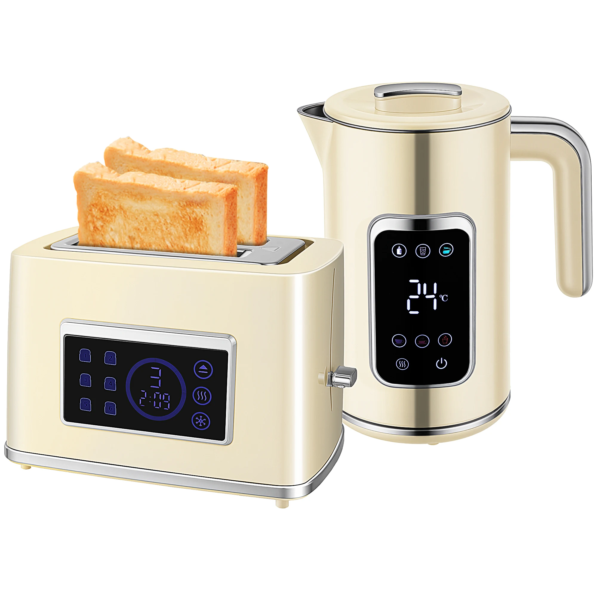 HOMCOM Set Desayuno con Pantalla LED Táctil, Hervidor de Agua 1,7L 2200W, Función Mantener Caliente, Tostadora Pan Ranura Ancha 2 Rebanadas, 6 Niveles Tostado, Crema