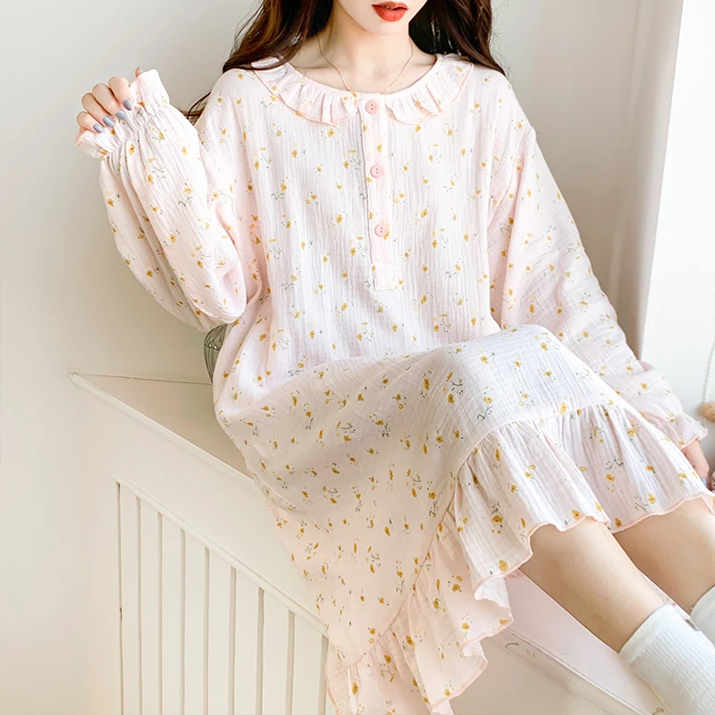 100% de gasa de algodón, ropa de dormir de maternidad para lactancia, vestido de noche suelto de manga larga para alimentación para dormir posparto, ropa de dormir para salón en casa - imagen 3