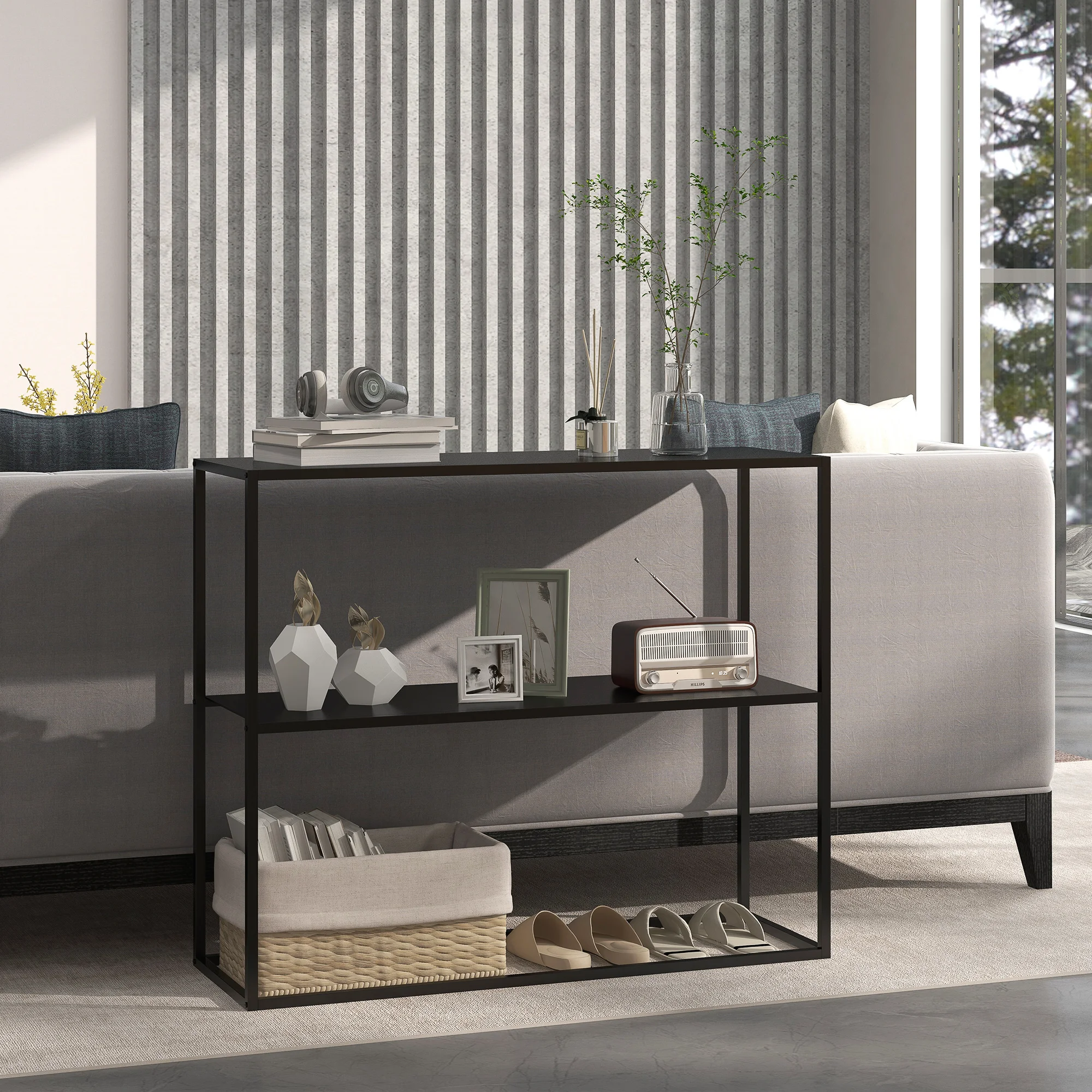 HOMCOM Mesa de Consola Estilo Industrial Mesa de Entrada con Estante Marco de Acero y Antivuelco Mueble de Recibidor para Salón Pasillo Carga 20 kg 90x30x75 cm Negro - imagen 2