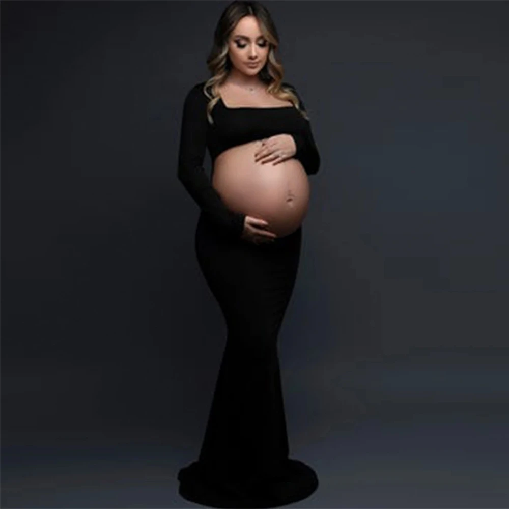 Nuevos vestidos de maternidad para sesión de fotos negro de manga larga sin espalda vestido Maxi para embarazo fotografía de fiesta de boda ropa para embarazadas - imagen 4