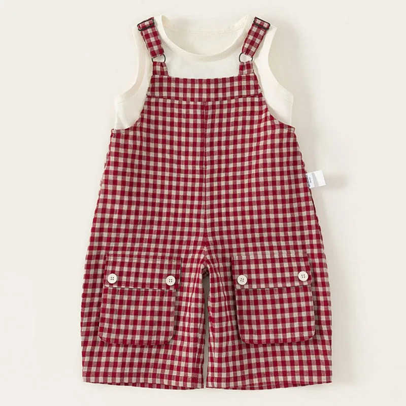 Ropa de verano para niño niña, monos holgados rojos a cuadros a la moda coreana + Tops sin mangas para bebé, ropa de Boutique para niño B094, 2 piezas, 2025