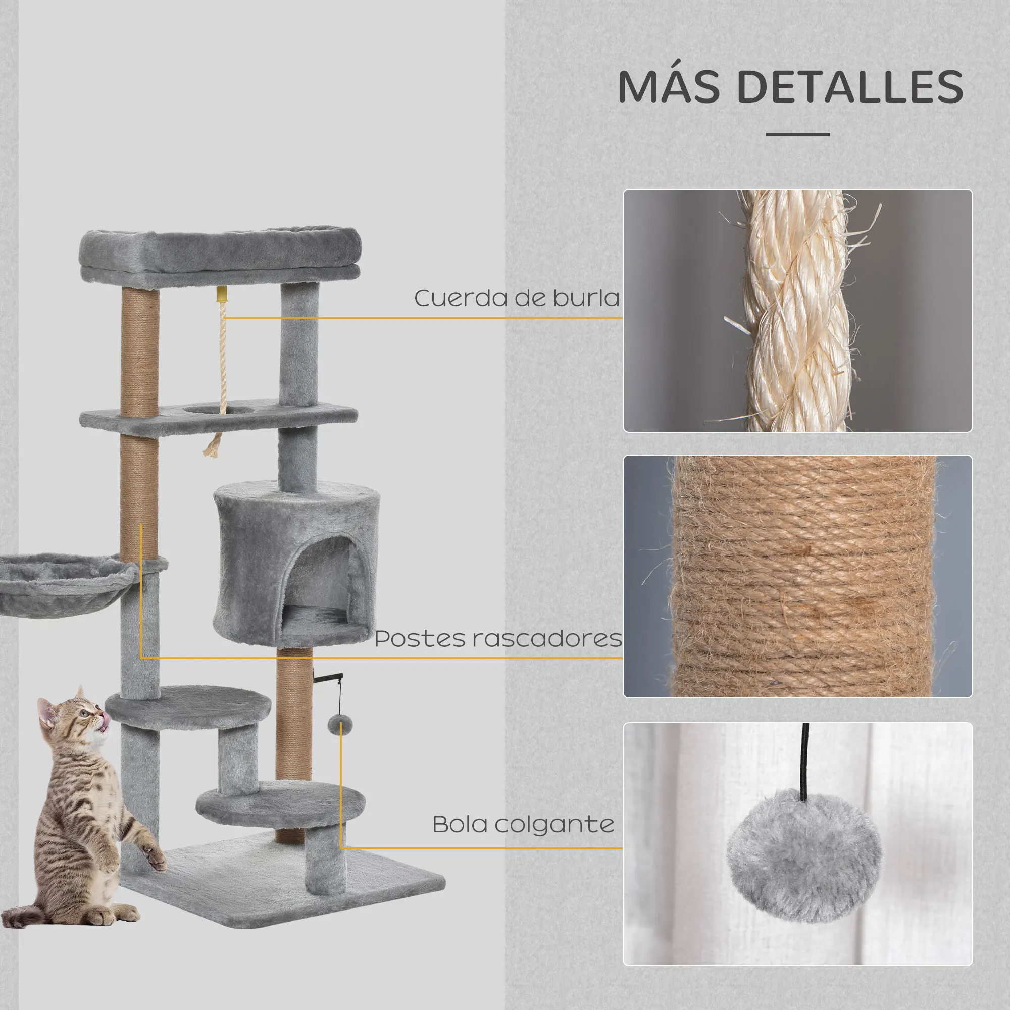 PawHut Árbol Rascador para Gatos Altura 120 cm Torre de Gatos con Plataformas Cueva Hamaca Postes de Yute Cuerda Divertida Bola Colgante 48x48x120 cm Gris - imagen 5