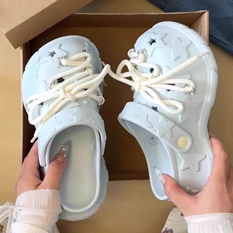 Sandalias de plataforma para mujer, zuecos con cordones DIY para ocio, suela gruesa, calzado para jardín de verano, zapatillas de calle diarias estilo estrella bonitas para mujer
