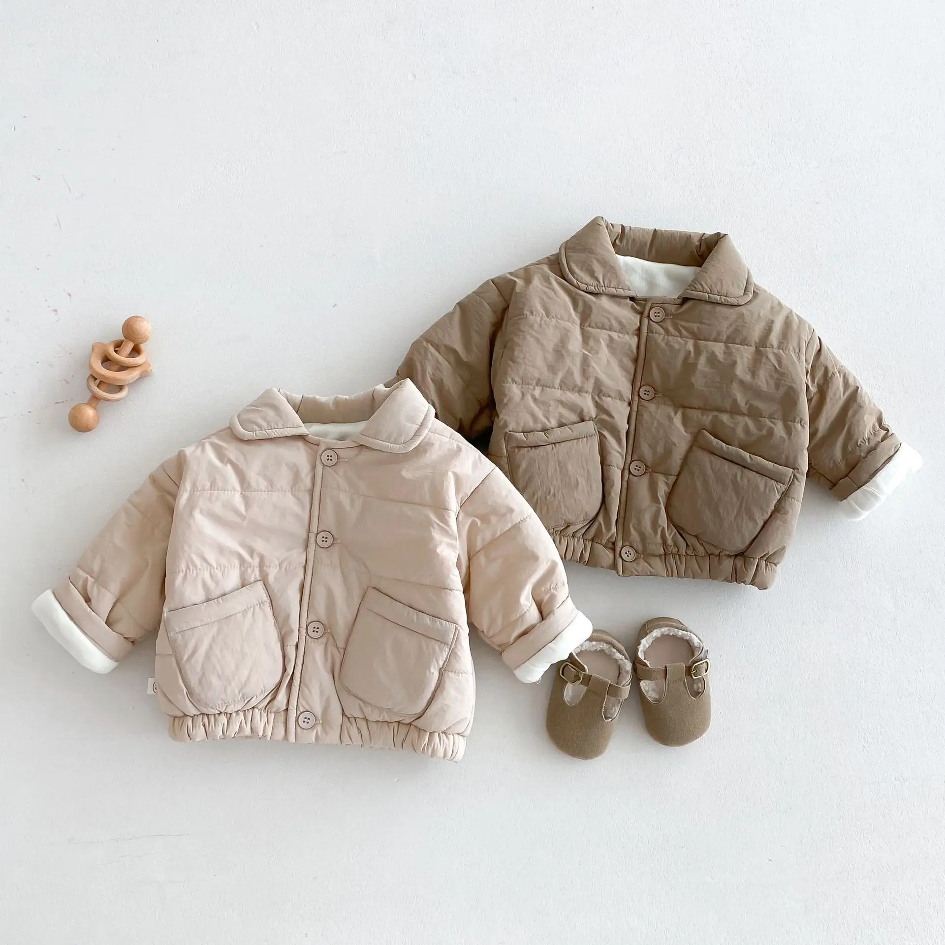 Milangel-Chaqueta de algodón de Color liso para Bebé y Niño, prendas de vestir con bolsillo Simple, abrigo cálido con forro de piel, ropa de invierno para niñas de 0 a 5 años - imagen 2