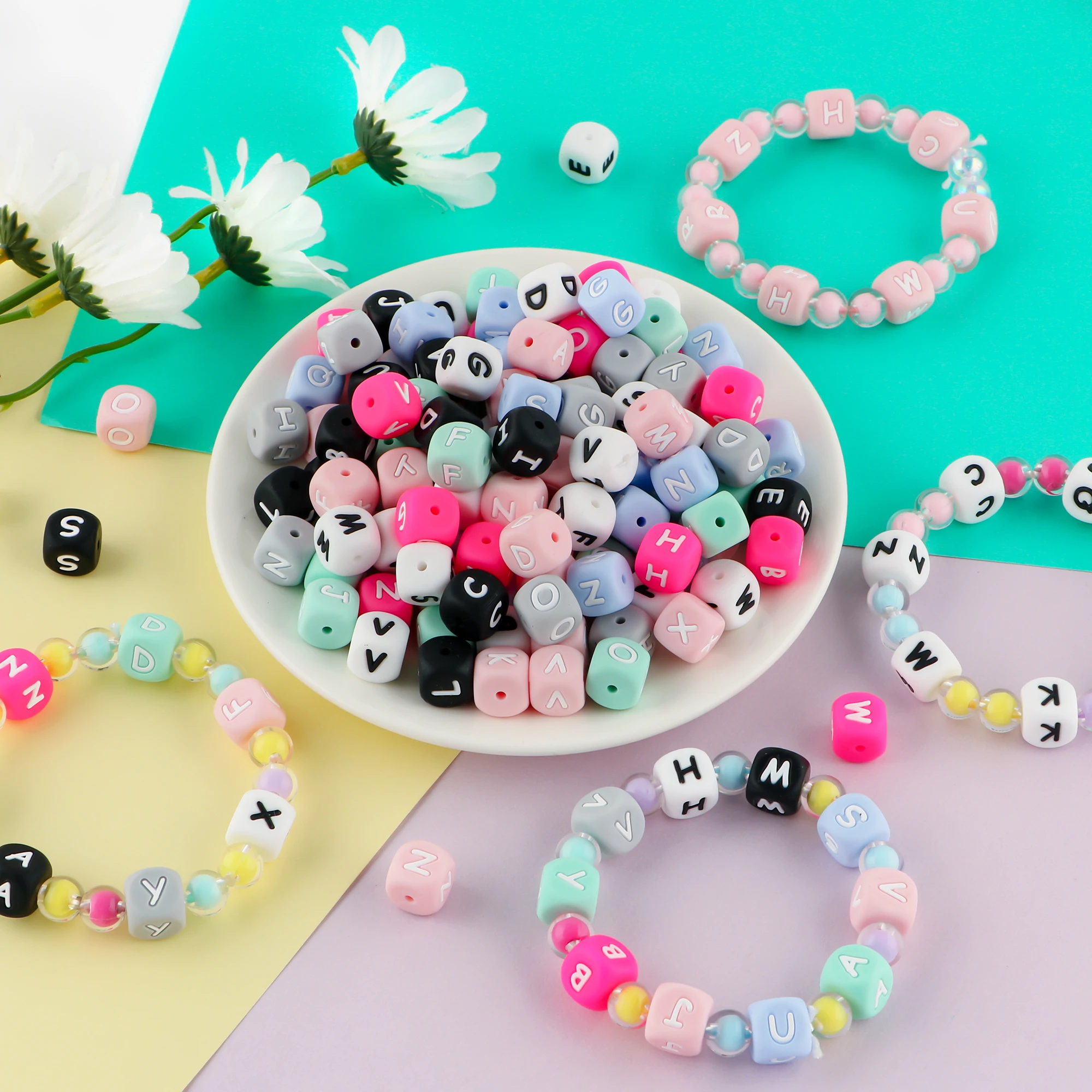 26 Uds azul/gris/rosa/verde/negro/blanco cuadrado 12mm cuentas de letras de silicona para fabricación de joyería DIY pulseras collares Accesorios - imagen 4