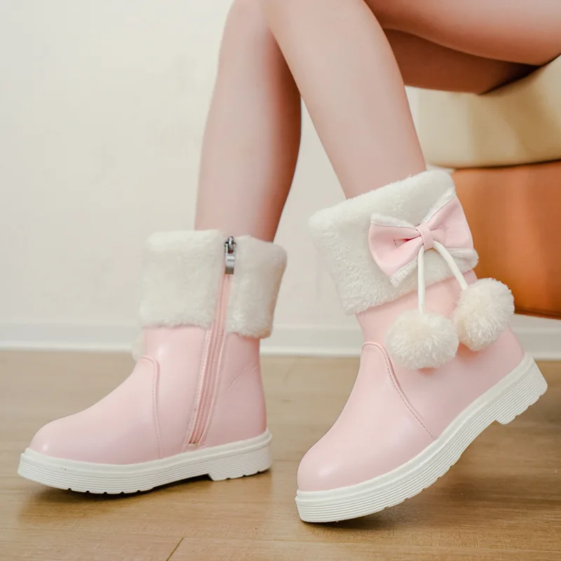 2025 Invierno nueva bota de cuero para niña Botas de nieve versátiles a la moda para niños Botas de tobillo simples para niñas Botas de algodón cálidas de terciopelo para niños - imagen 4