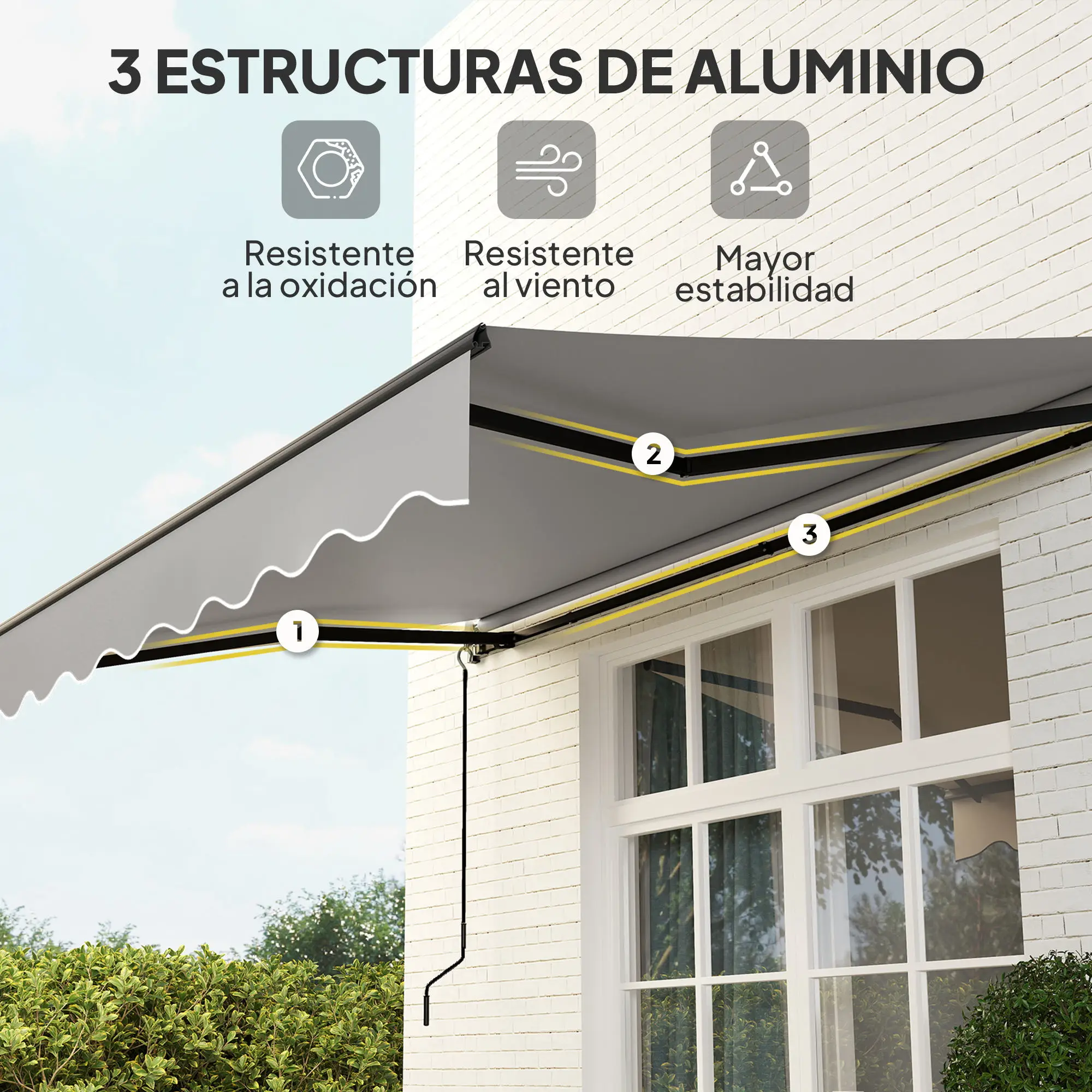 Outsunny Toldo Manual Retráctil 360x220 cm Toldo para Balcón con Manivela de Aluminio 3 Brazos y Protección UV30+ Toldo Enrollable de Exterior para Jardín Terraza Ventanas - imagen 4