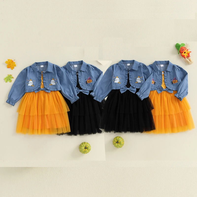 Tregren Vestido Halloween niña – tirantes finos tul estampado calabaza