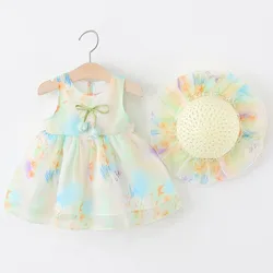 Vestido veraniego para niña con flores, sin mangas y sombrero