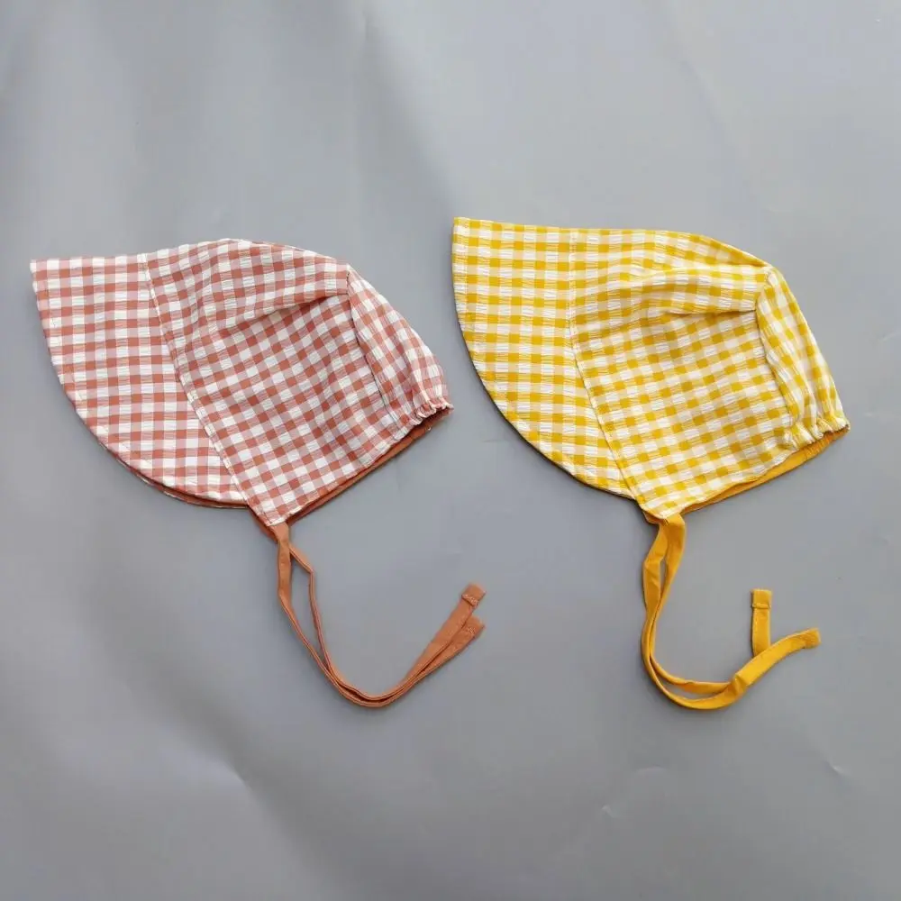 Nuevo sombrero de cubo a cuadros de doble cara para bebé, gorras de pescador Reversibles de Color sólido para niños, gorro de algodón con visera para bebé, gorra de verano - imagen 3