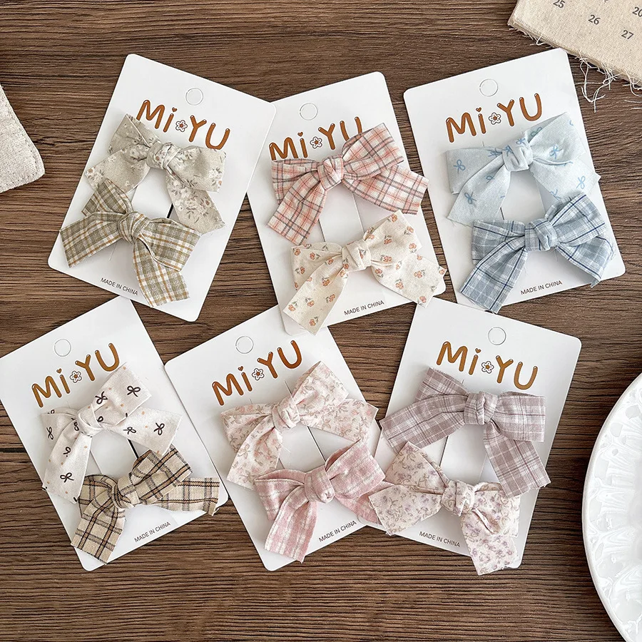 Tela dulce coreana con lazo Floral para niña, pasadores con flequillo lateral a cuadros, accesorios para el cabello para niña y niño