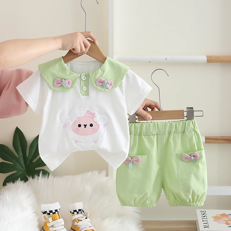 Nueva ropa de verano para niñas, traje para niños, camiseta de manga corta, pantalones cortos, 2 unids/set, ropa para niños, disfraz informal de dibujos animados para niños - imagen 2