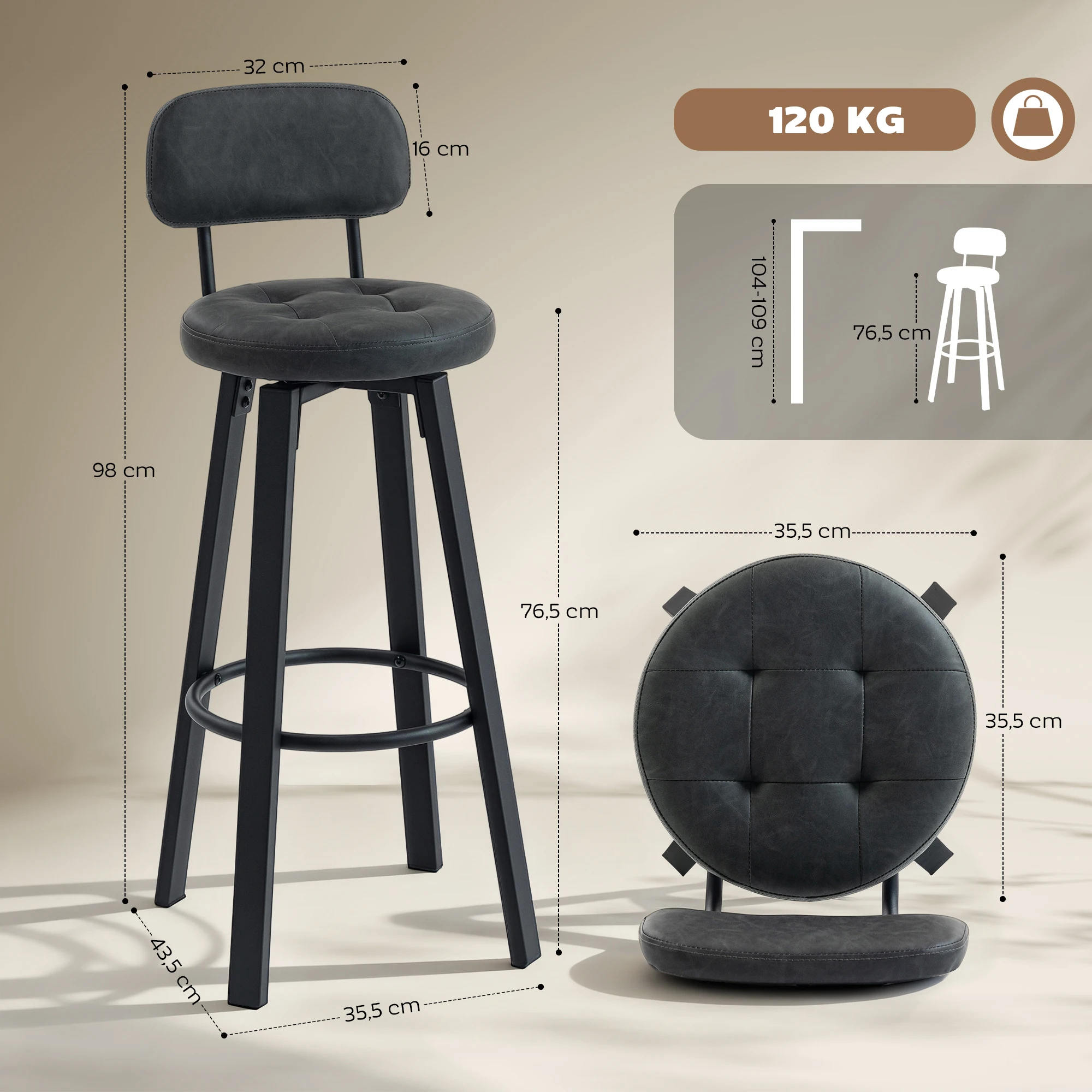 HOMCOM Juego de 2 Taburetes de Bar, Taburetes Altos de Cocina Giratorios, Tapizados de PU, con Respaldo, Marco de Metal, Reposapiés, Asiento de 76,5 cm de Altura - imagen 3