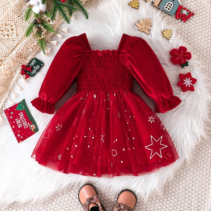 Vestido de terciopelo y tul de Navidad de manga larga para niñas - imagen 5