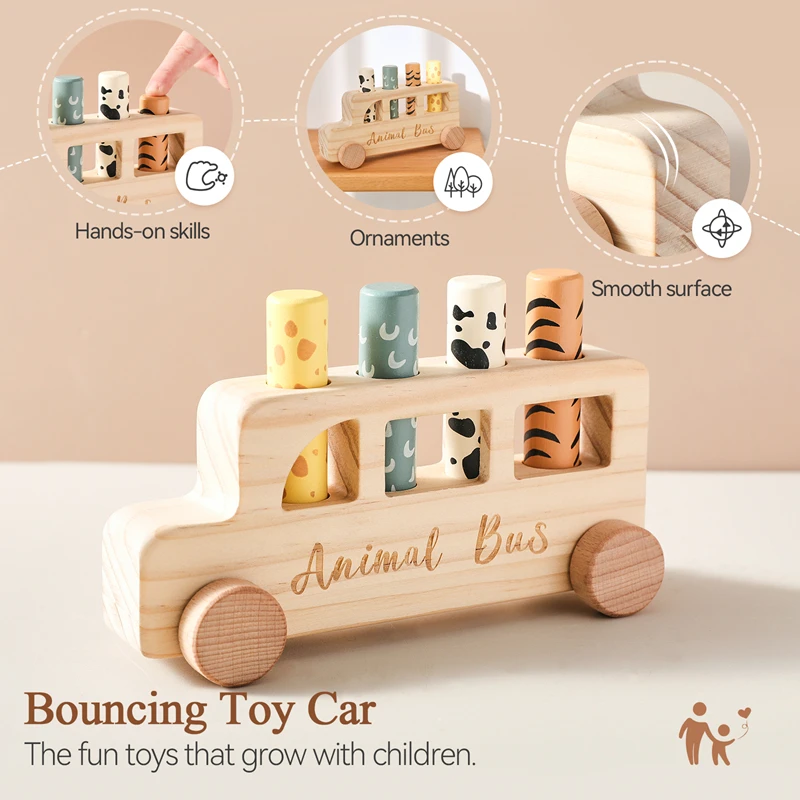 Juguetes que rebotan de madera para bebé, coche con forma de autobús, rompecabezas sensorial educativo para recién nacido, juguetes de entrenamiento de coordinación mano-ojo, regalos para bebé - imagen 2