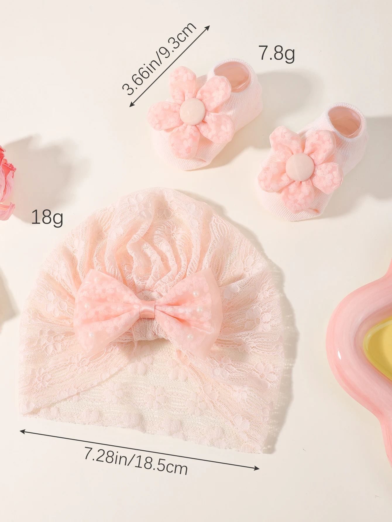 Conjunto de calcetines y sombrero con lazo para bebé, gorro elástico con lazo y estampado de encaje, turbante, calcetín suave sólido, accesorios para niños, 2 uds. - imagen 3