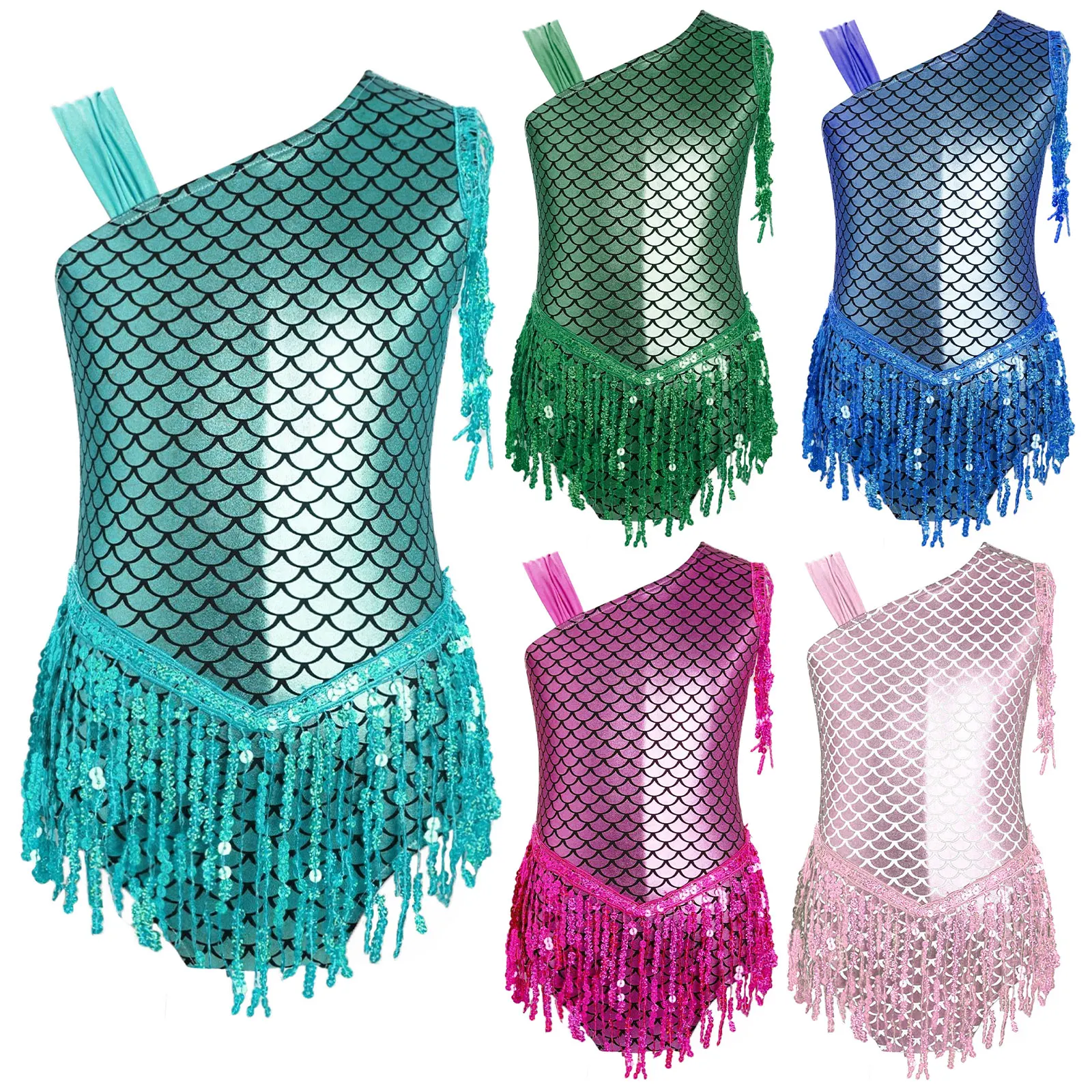 Niños Niñas escamas de pescado Ballet danza leotardo Bowknot espalda lentejuelas borlas mono de gimnasia para Halloween Cosplay fiesta temática - imagen 2