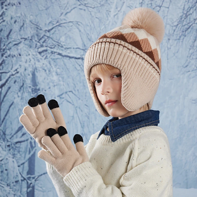 Gorros para niños, guantes, gorro de lana tejido con diamantes coloridos, gorros con protección para los oídos, suministros cálidos para exteriores, 2 uds., 2024 - imagen 4
