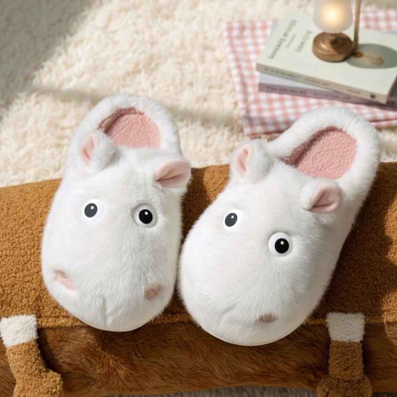 Zapatillas mullidas de interior para mujer, bonitos dibujos de hipopótamo, zapatos de casa para otoño e invierno, chanclas de algodón antideslizantes de felpa cálidas para el suelo del hogar - imagen 3