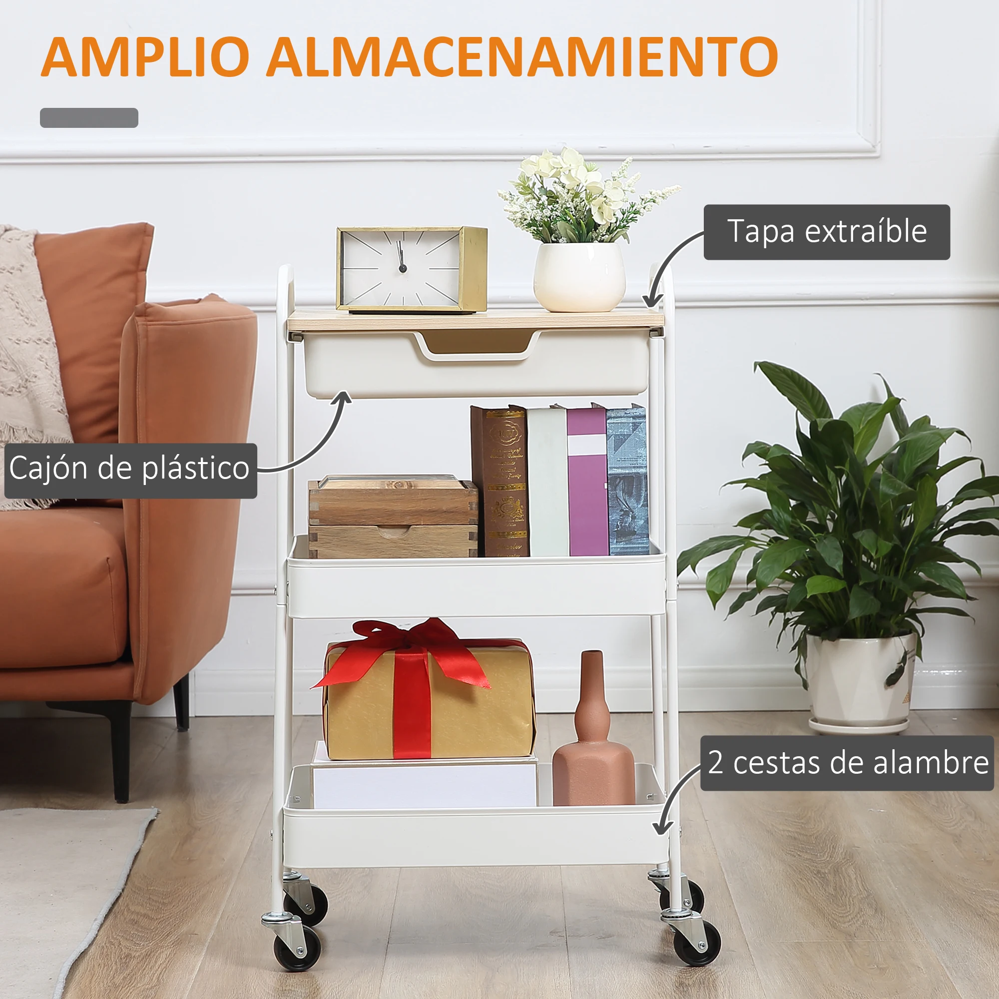 HOMCOM Carrito de Cocina con Ruedas Carro de Almacenamiento con Cajón Extraíble 2 Cestas y Frenos para Baño Salón Dormitorio 43,9x30,5x75,6 cm Blanco - imagen 4