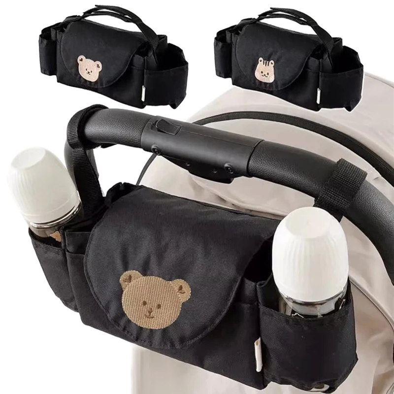 Bolsa para cochecito de bebé, bolsas de almacenamiento con bordado de oso y ardilla de dibujos animados, accesorios organizadores de cochecito colgantes portátiles impermeables para exteriores
