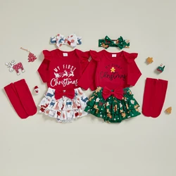 SUNSIOM Conjunto de Navidad para niña de 0 a 18 meses, pelele con estampado de pan de jengibre, pantalones cortos de PP escalonados, calentadores de piernas y diadema