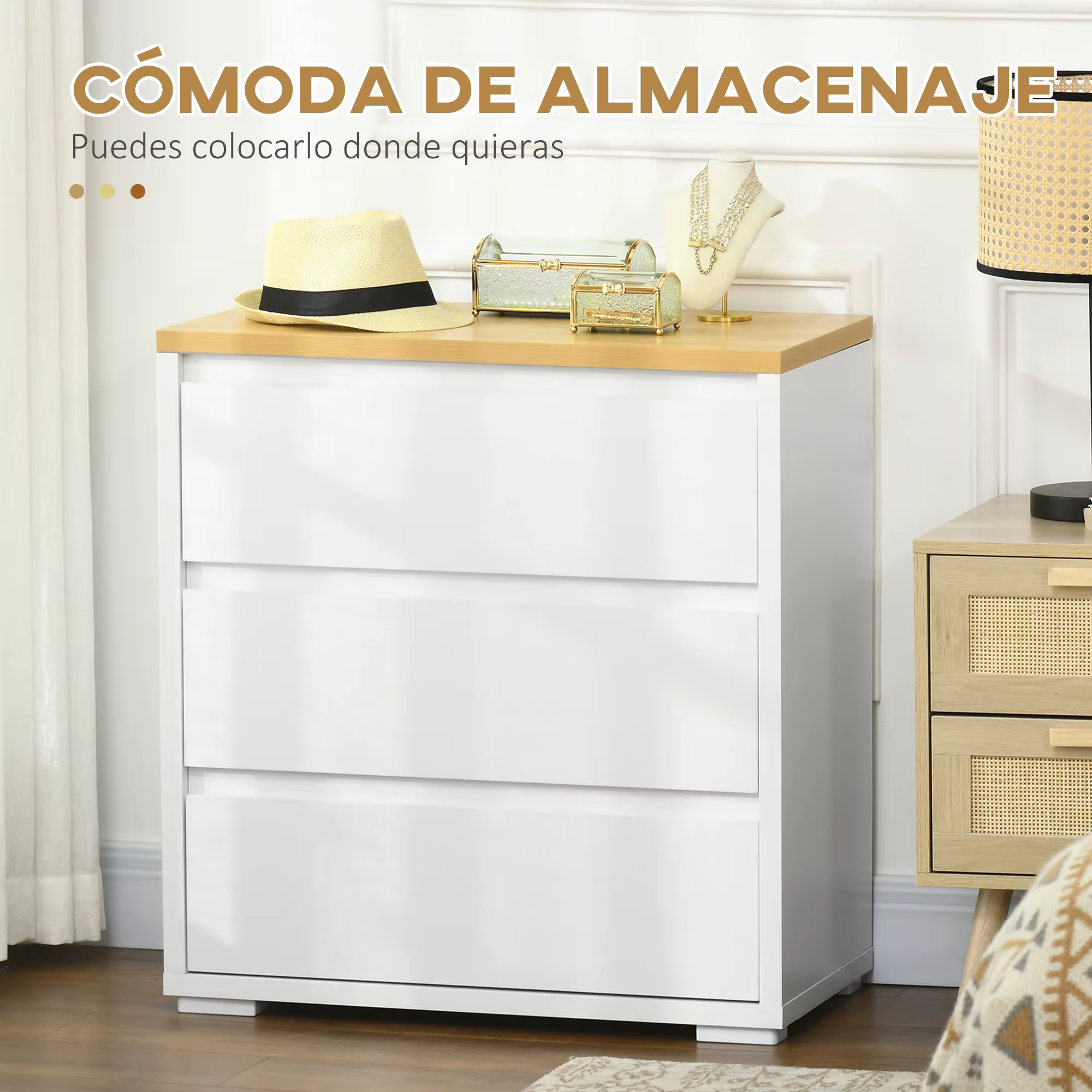 HOMCOM Cómoda 3 Cajones, Cómoda Dormitorio sin Tiradores, Cajonera para Salón, Oficina, Estilo Moderno, 70x37x75 cm, Blanco - imagen 4