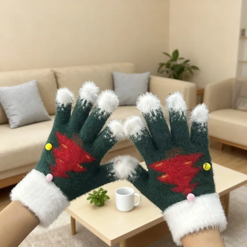Nuevos guantes térmicos de punto para madres y niños, diseño de árbol de Navidad con cinco dedos para el calor al aire libre, bonitos guantes de invierno para estudiantes - imagen 2