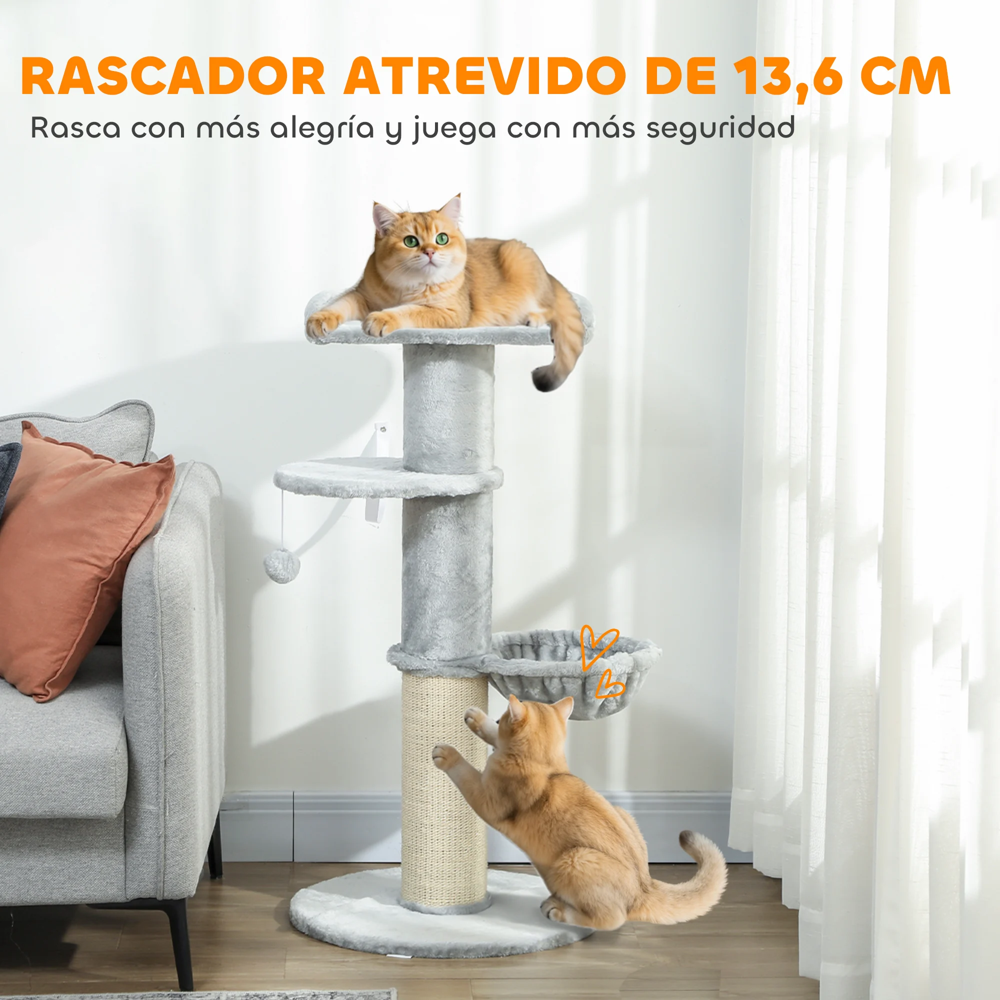 PawHut Árbol Rascador para Gatos, Árbol para Gatos 103,5 cm, Torre Escalador con Cama, Hamaca, Plataforma, Poste de Sisal Extra Grueso, Bola Colgante, Gris Claro - imagen 4