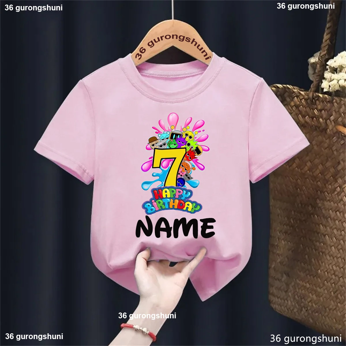 Camiseta colorida con estampado de Sprunki del 7 ° cumpleaños para niñas/niños, ropa para fiesta de cumpleaños con nombre personalizado, camiseta de verano para niños - imagen 4
