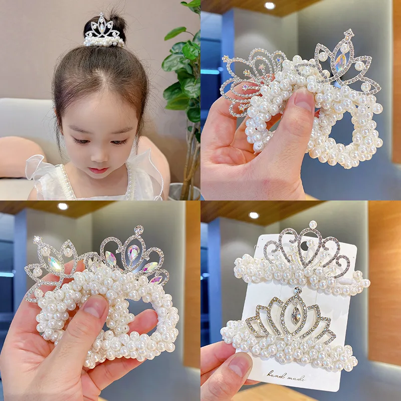 Diademas elásticas para el pelo de princesa con corona de perlas a la moda, lazos para el pelo bonitos para niños, accesorios para niñas, sombreros para bebés - imagen 2