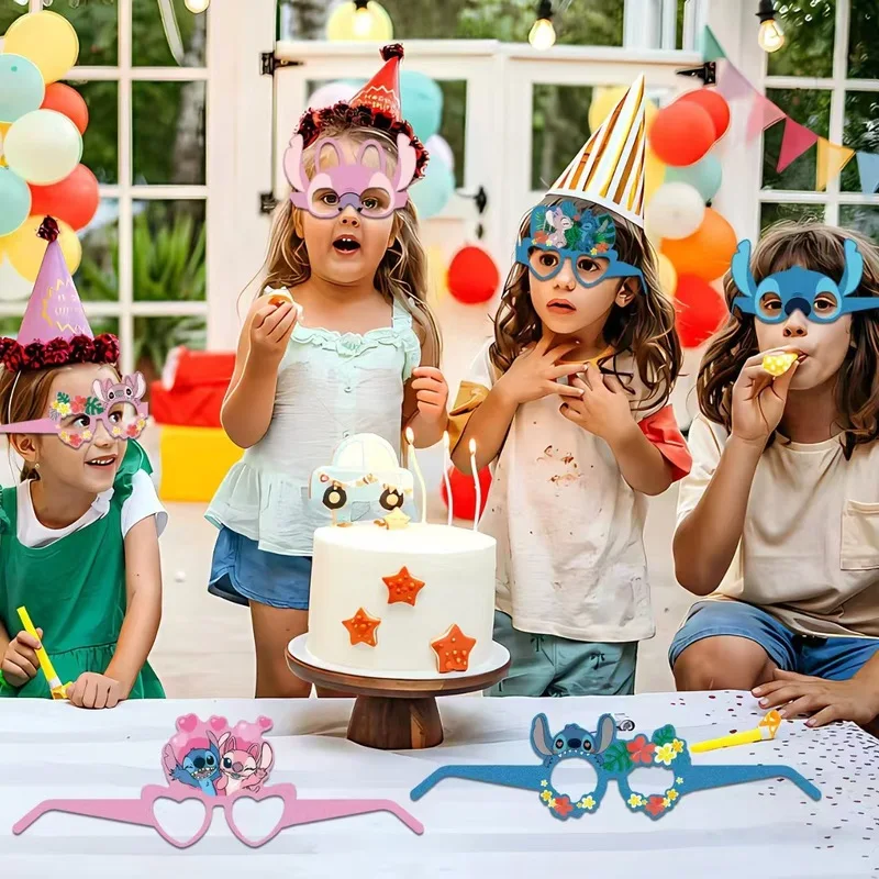 Decoración de fiesta Kawaii Stitch Kuromi Minnie, gafas de papel de dibujos animados, máscaras, accesorios de Cosplay, suministros para fiesta de cumpleaños para niños, juguetes, regalos