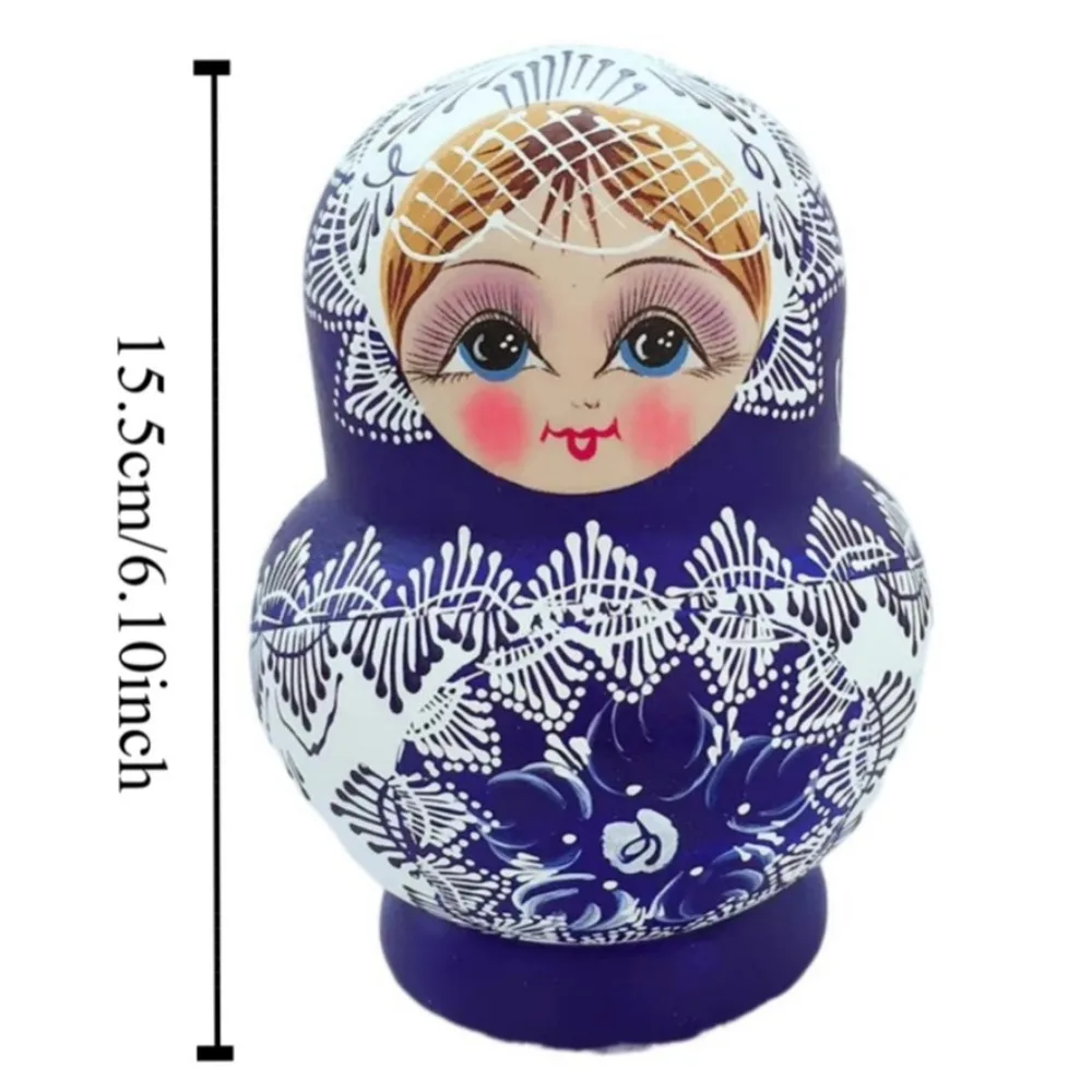 Muñecas rusas de madera hechas a mano apilables estampado floral azul - imagen 5