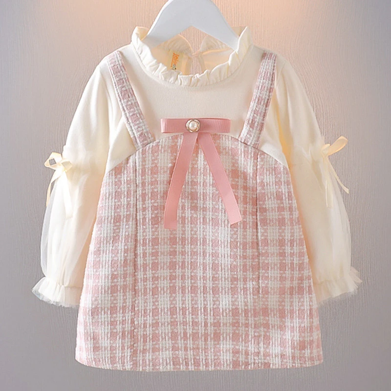 Ropa de primavera y otoño para niña pequeña, vestido de princesa a cuadros de encaje de manga larga con lazo lindo coreano, vestidos de cumpleaños, ropa de bebé BC623