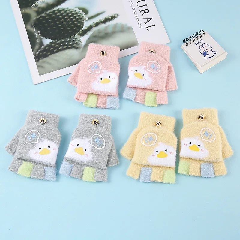 Nuevos guantes de invierno para niños: engrosados, medio dedo y ribete, tejidos con diseño de dibujos animados, cálidos dedos separados para niños, niñas - imagen 2