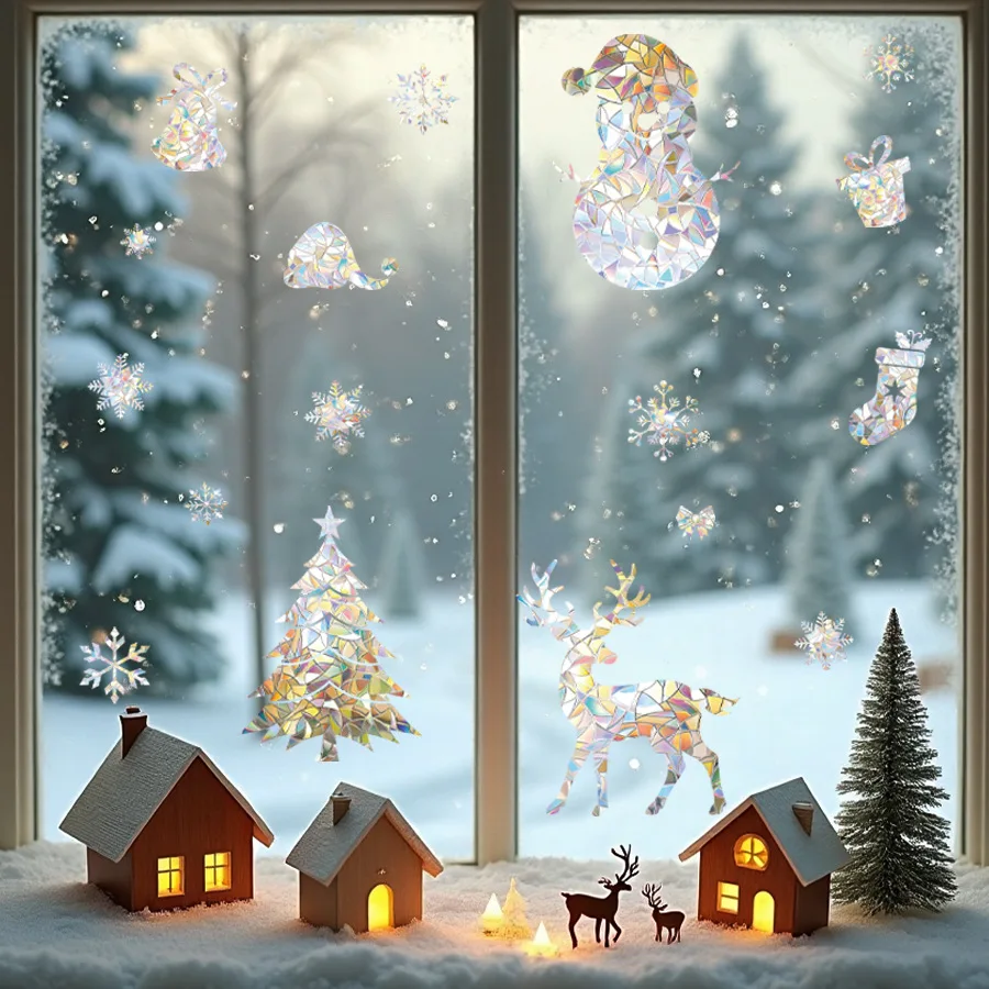 Pegatinas navideñas para ventana, deslumbrantes pegatinas electrostáticas para ventana, prisma de arcoíris, copo de nieve, muñeco de nieve, pegatinas para ventana de vidrio