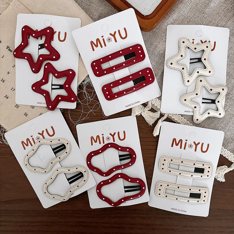 2 uds nuevas de cuero rojo lunares dulce estrella flequillo Bb Clip roto Clip para el cabello sombreros niñas niños accesorios para el cabello