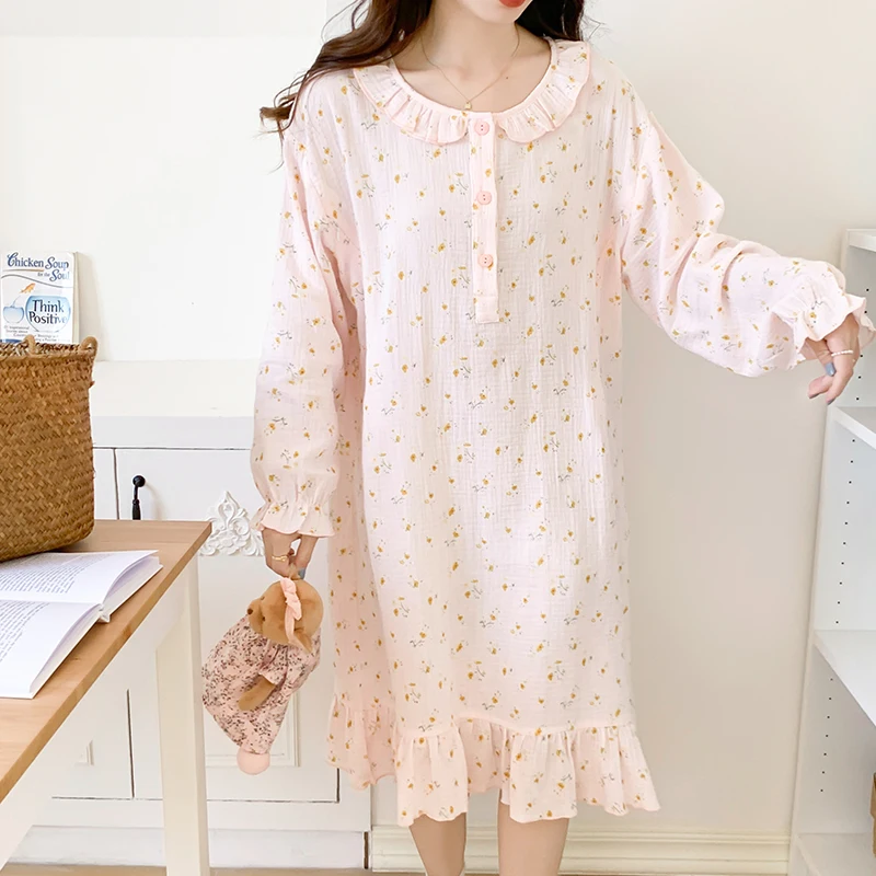 100% de gasa de algodón, ropa de dormir de maternidad para lactancia, vestido de noche suelto de manga larga para alimentación para dormir posparto, ropa de dormir para salón en casa - imagen 2