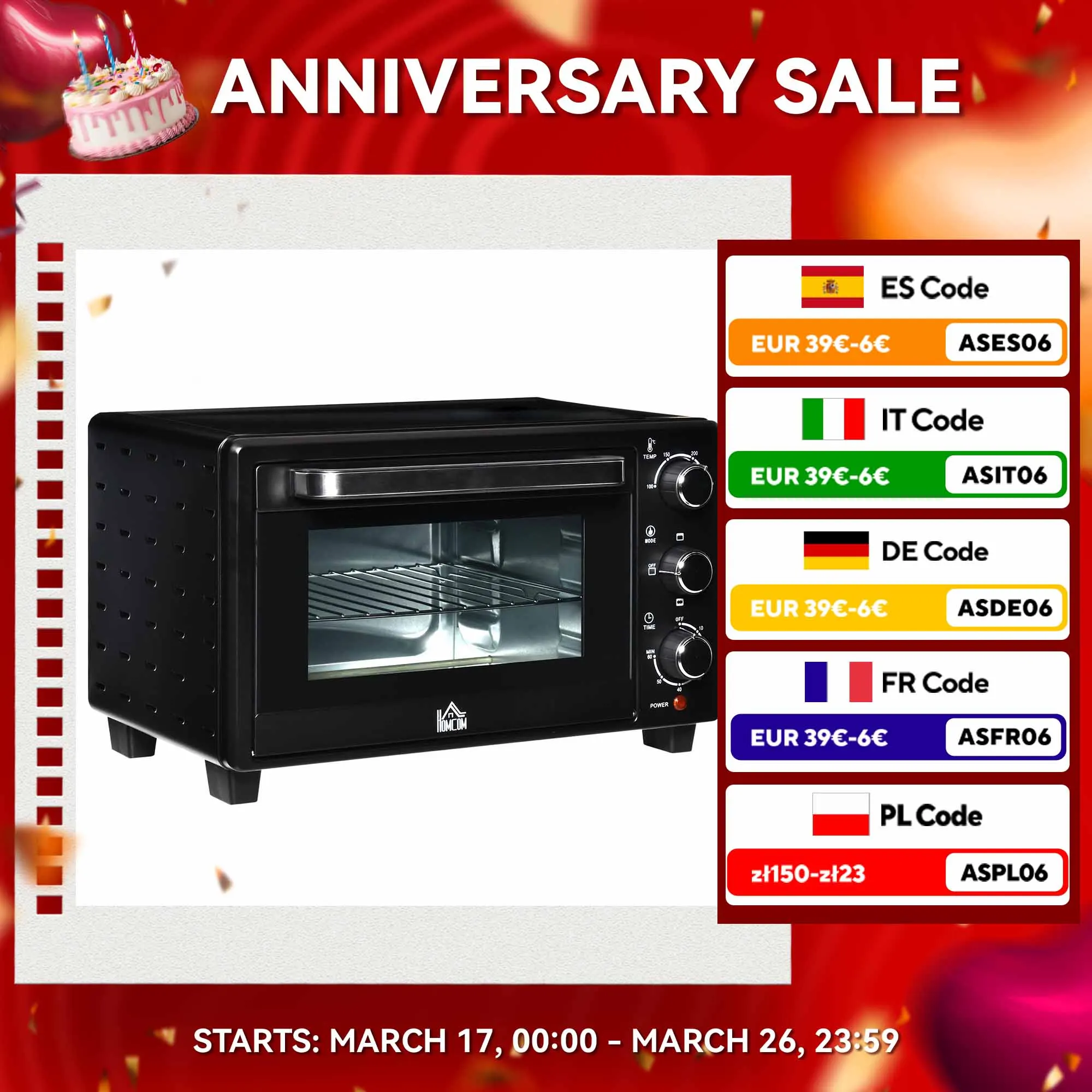 HOMCOM Horno Eléctrico de Sobremesa Horno Sobremesa de 21L 1400W Mini Horno Eléctrico con Temporizador hasta 60min y Temperatura Regulable hasta 230℃