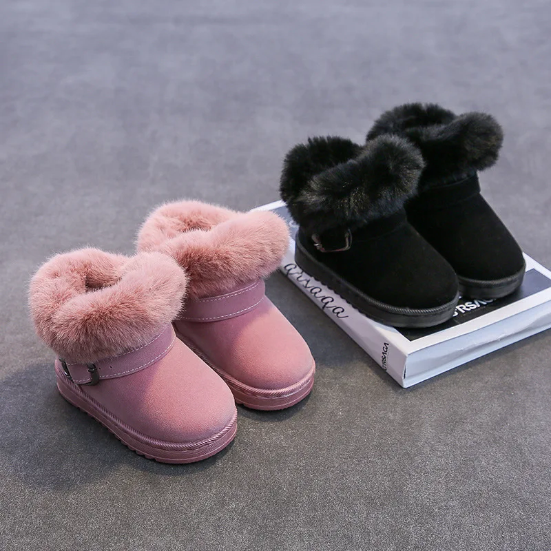 Zapatos de invierno para niños, botas cálidas felpa sólidas niñas, nieve informales exteriores, zapatillas deporte piel antideslizantes suaves, botines cuero PU - imagen 2