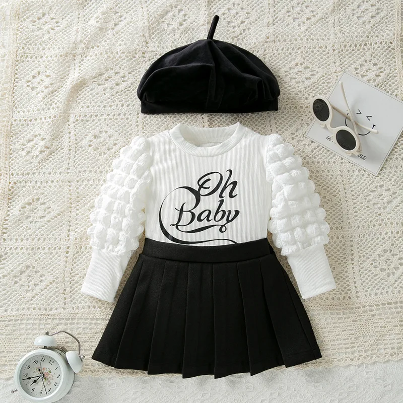 Conjunto de ropa de 3 piezas para niña pequeña, Tops de manga abombada con letras, falda y sombrero, moda coreana, Boutique, BC304 - imagen 2