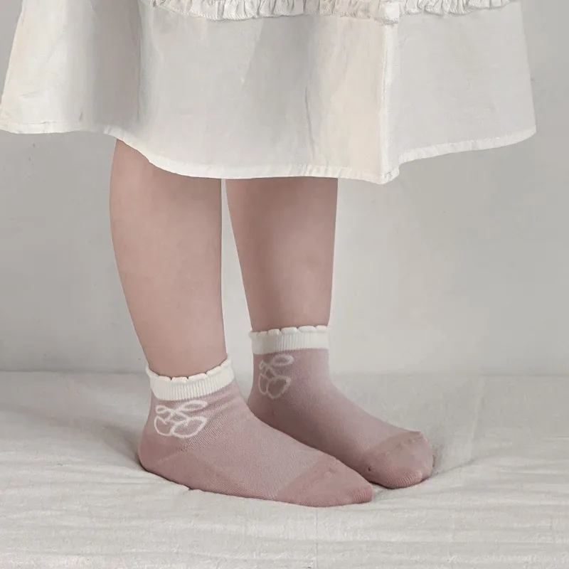 5 par/set Primavera Verano dulce niños niña calcetín Beige Color rosa princesa arco corto tobillo calcetín malla fina transpirable calcetín escolar - imagen 3