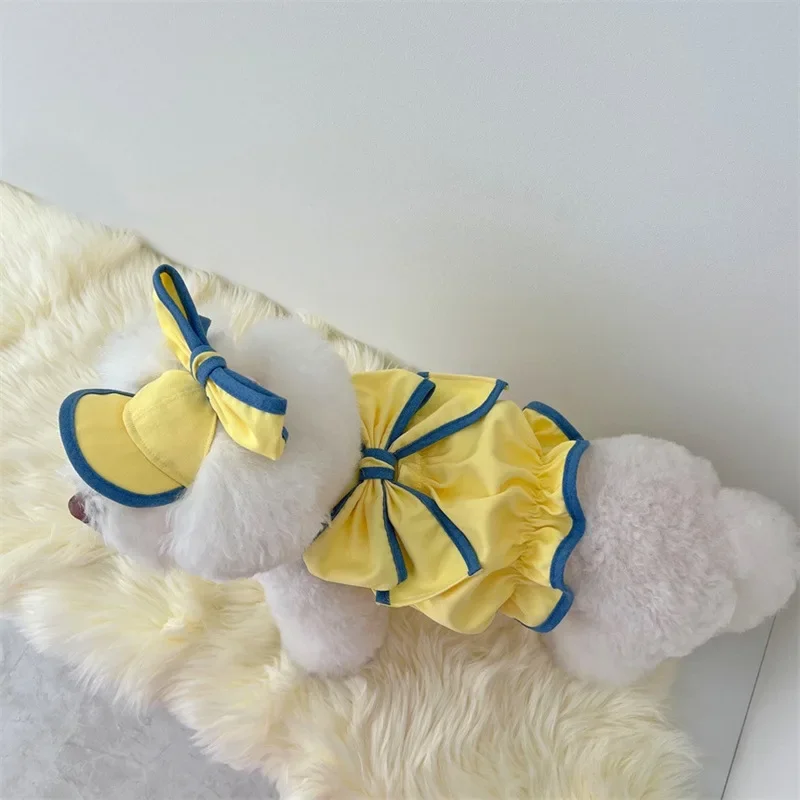 Vestido amarillo para mascotas, ropa de verano para perros, Teddy para gatos, ropa pequeña y fresca, camiseta sin mangas a la moda, sombrero para perros pequeños, falda para cachorros - imagen 4