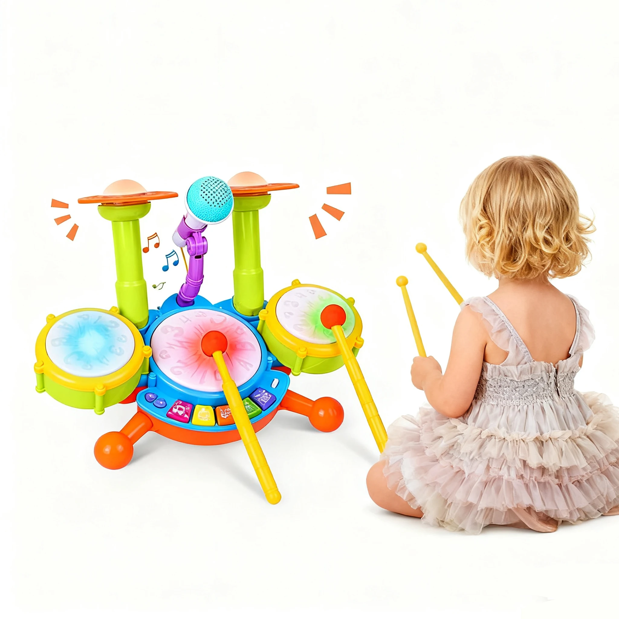 Kit de batería infantil con tambores y luz para aprender ritmo
