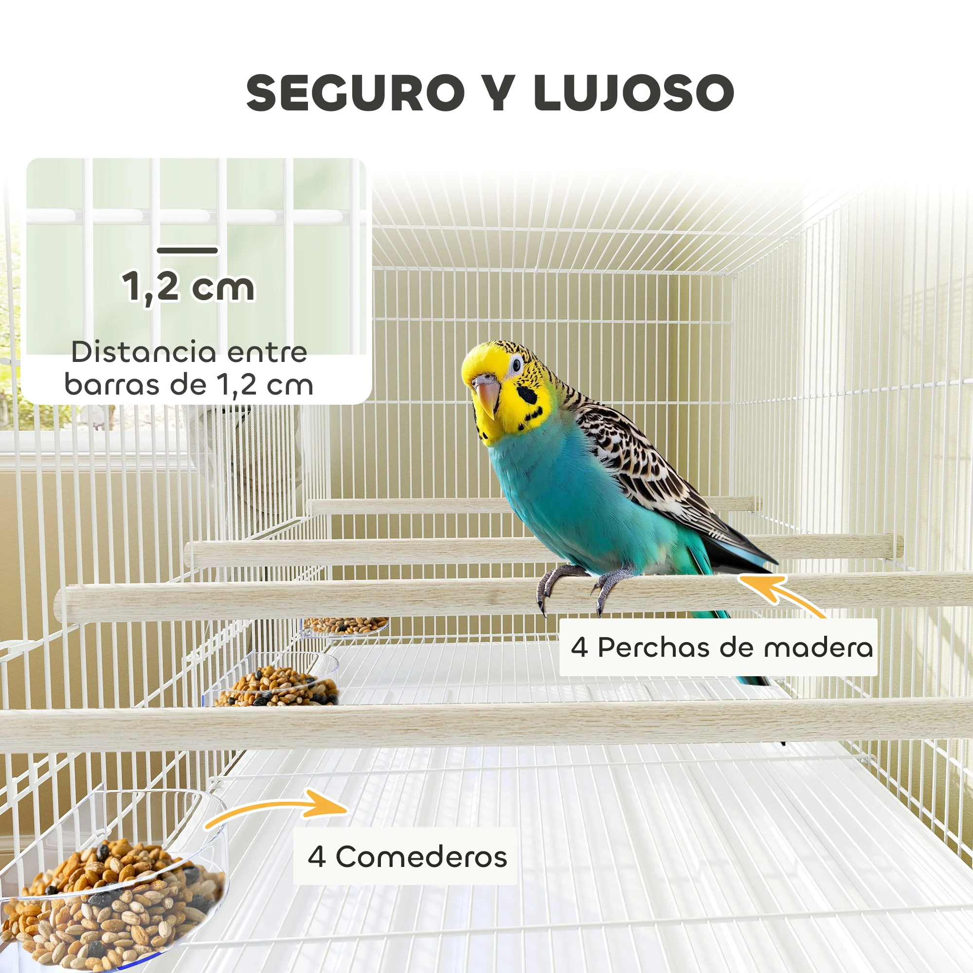 PawHut Jaula para Pájaros con Divisor Pajarera con Ruedas 4 Comederos 4 Perchas y Bandeja Extraíble Jaula para Loros Canarios Periquitos 76x46x116 cm Blanco - imagen 5