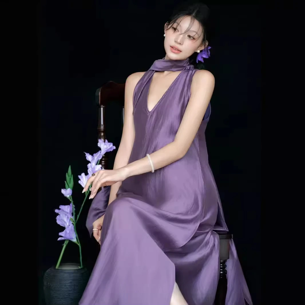 Vestido premamá morado para sesión de fotos con cuello en V - imagen 2