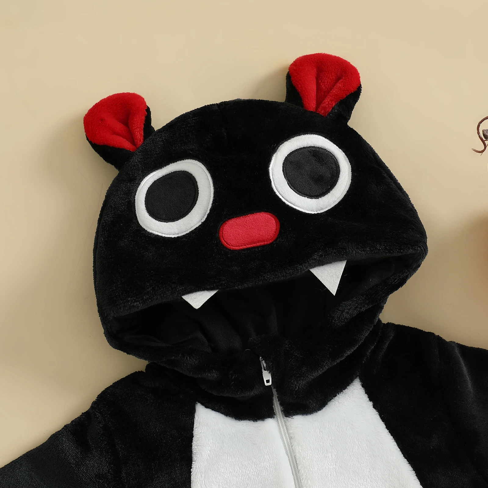 SUNSIOM-Disfraz de murciélago para niños de 1 a 5 años, ropa de Halloween, mono con capucha de manga larga, disfraz de Cosplay con cierre de cremallera de retales - imagen 4