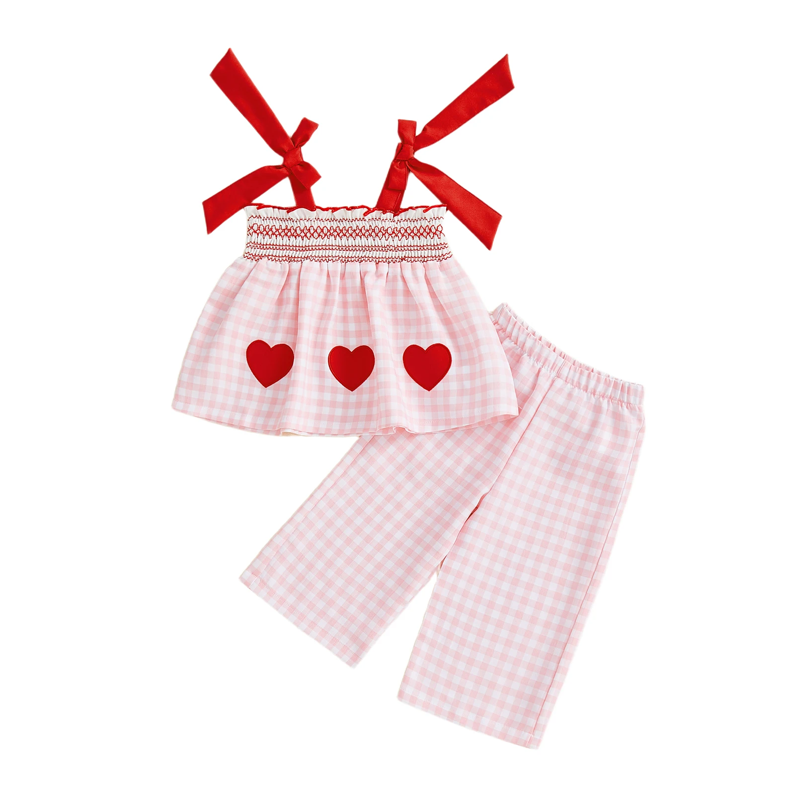 Conjunto de 2 piezas de tops y pantalones con hombros descubiertos y parche de corazón de amor a cuadros para niña pequeña