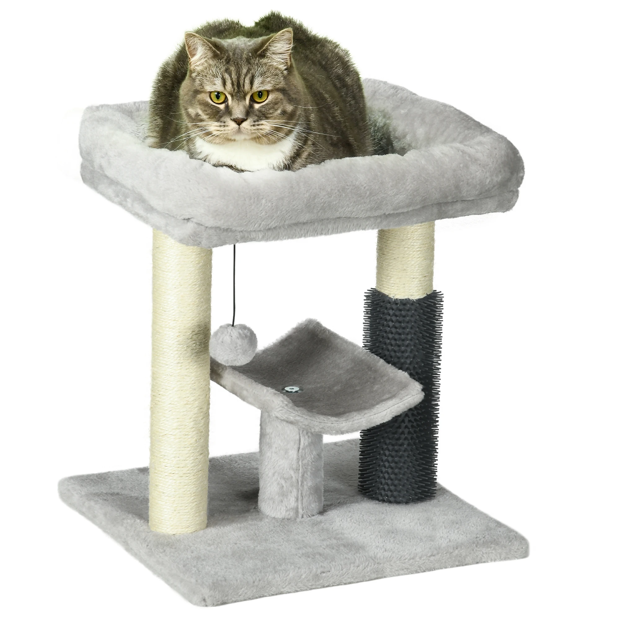 PawHut Rascador para Gatos Árbol para Gatos Altura 48 cm con 2 Postes Rascadores Cama Plataforma en U y Cepillo Bola Colgante Gris - imagen 2